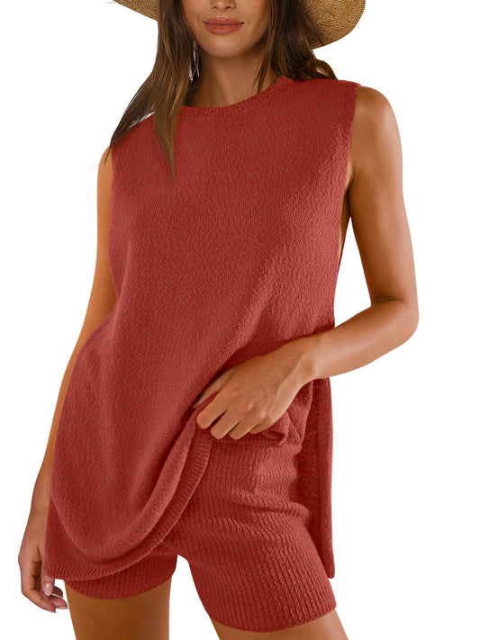 ANRABESS Women Summer 2 Piece Outfits Sleeveless Knit Sweater Top & Shorts Soft Lounge Sets Travel Beach 2024 Clothes Rust Large