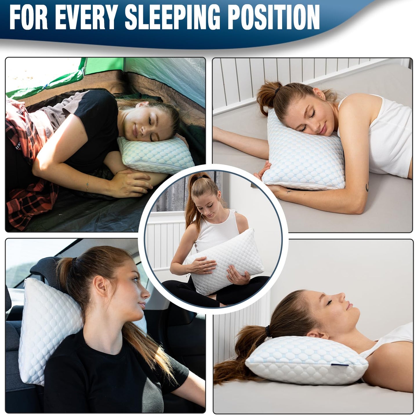 alkamto Cooling Shredded Memory Foam Pillow for Travel and Camping – Adjustable Gel for Personalized Support – Double-Sided Ice Silk & Soft Rayon – Lightweight, Compressible (White) (Travel)