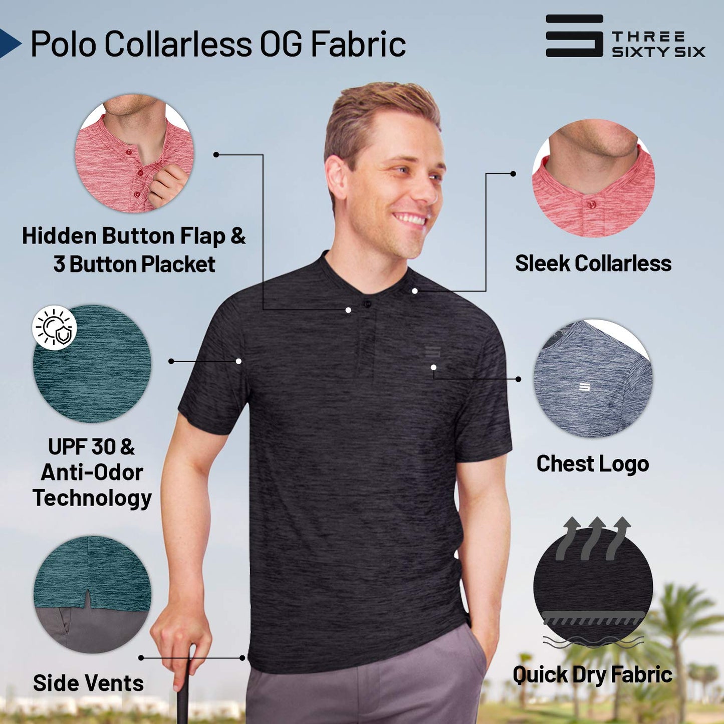 Three Sixty Six Collarless Golf Shirts for Men - Quick Dry Short Sleeve T-Shirt with 4-Way Stretch Fabric & UPF 30