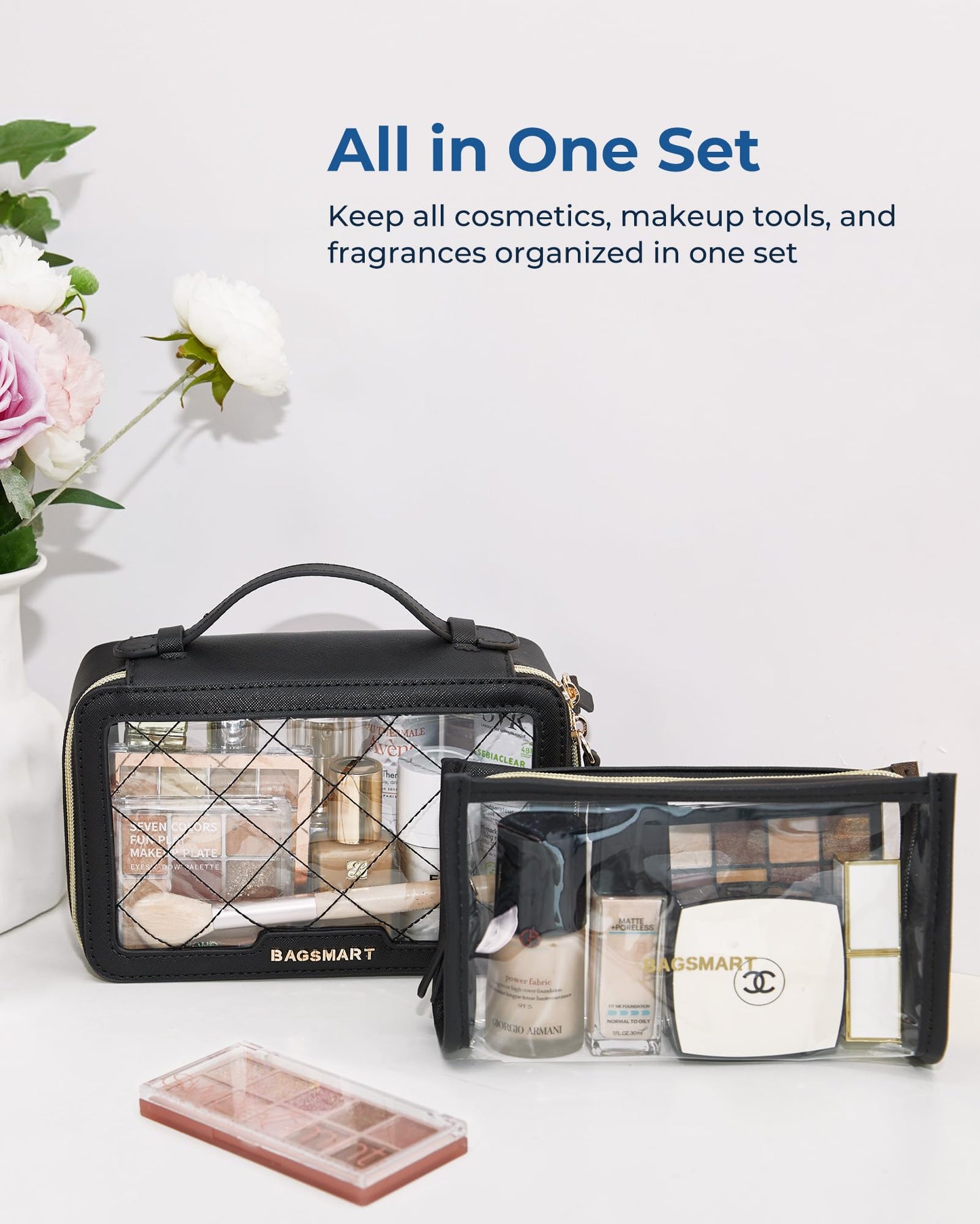 BAGSMART Clear Makeup Bag Set, TSA Approved Toiletry Bag, Clear Travel Bags for toiletries, Cosmetic Bags with Zipper, Makeup Organizer Bags Fit Carry-on Travel Essentials, Black