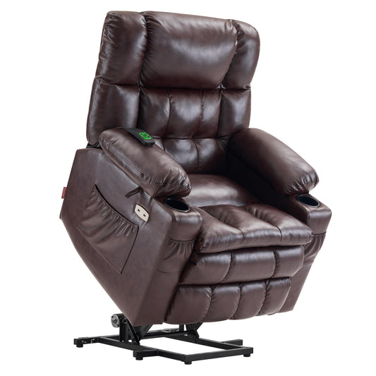 MCombo Dual Motor Power Lift Recliner Chair for Elderly, Lay Flat Lift Chair with Heat and Massage, Cup Holders, USB Ports, Faux Leather 7890 (Dark Brown, Medium)