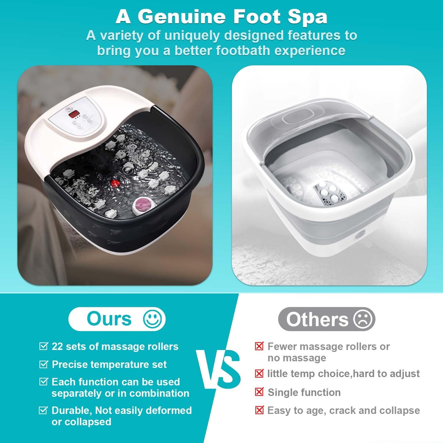 Foot Spa Bath Massager with Heat [2025 Upgraded], Jets, Vibration, Adjustable Temp, Bubbles, Epsom Salt, Foot Soaking Tub with 22 Shiatsu Massage Rollers, Pedicure Foot Spa for Relaxation, Black