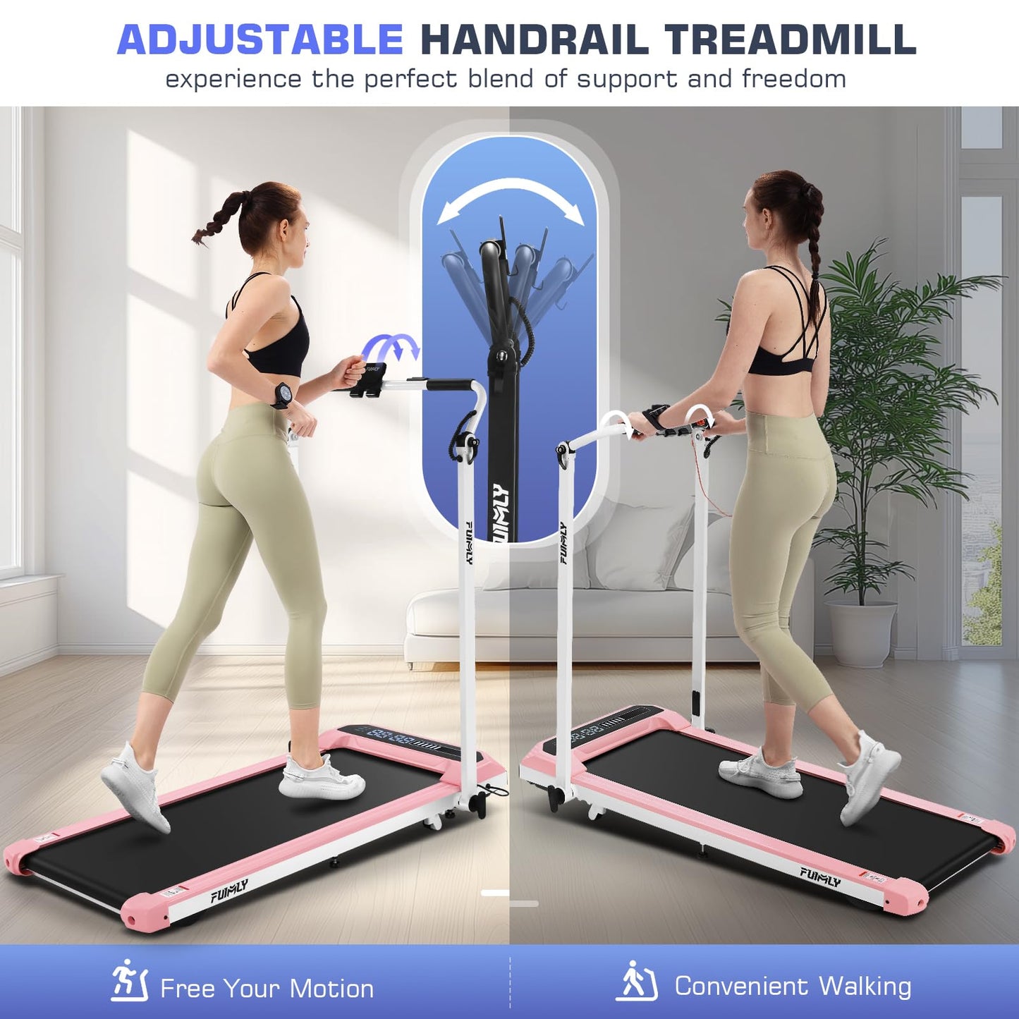 FUNMILY Folding Treadmill with Handles, Foldable Walking Pad Treadmill with Incline and Adjustable Handrails, 3 in 1 Under Desk Treadmills for Home 300 lb Capacity, Running Machine with Handle Bar