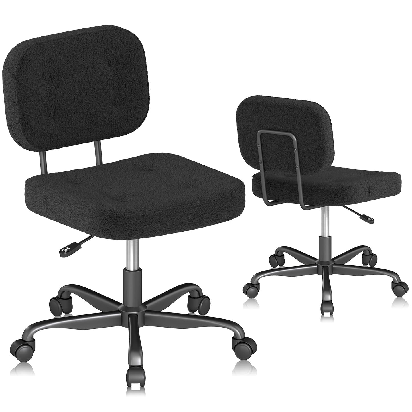 AnyGod Teddy Fleece Armless Home Office Desk Chair, Small Ergonomic Task Chair for Adults and Students, Low Back Seating with Swivel, Adjustable Height, Rolling Wheels - Black