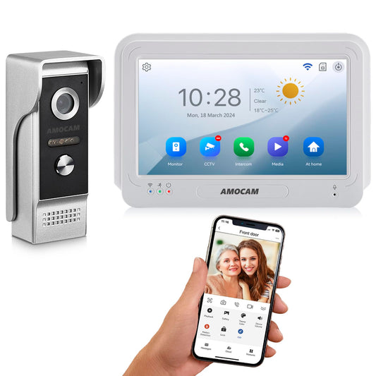 AMOCAM Wireless WiFi Video Doorbell Intercom System, 1080P Video Door Camera with Monitor, 7 Inch Touch Screen Video Door Phone, No Monthly Fees, Tuya APP Remote Intercom (Wired Power)