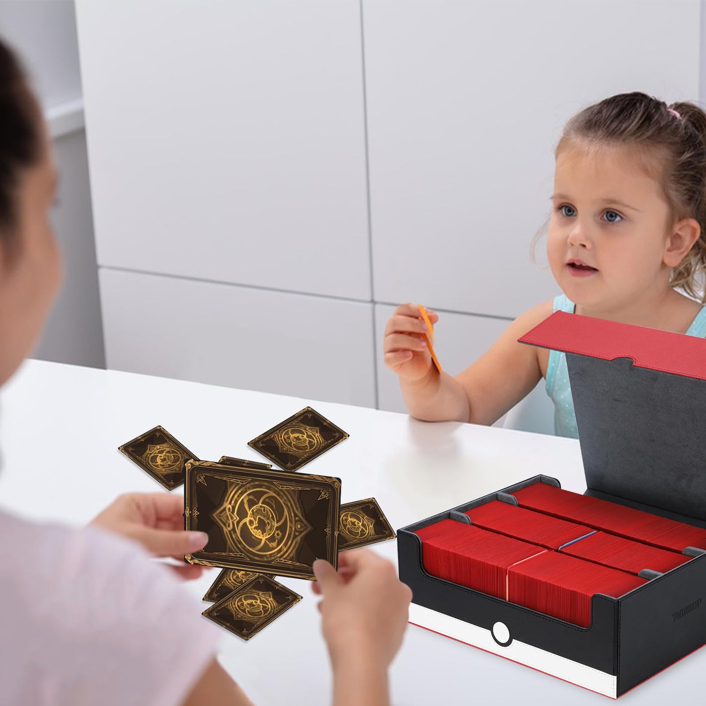 tombert Premium Trading Card Storage Box TCG Deck Case Holds 1000+ Sleeved Cards for MTG, YuGiOh, Uno, TCG, Sport Cards and Strong Magnet Closure (White & Red)