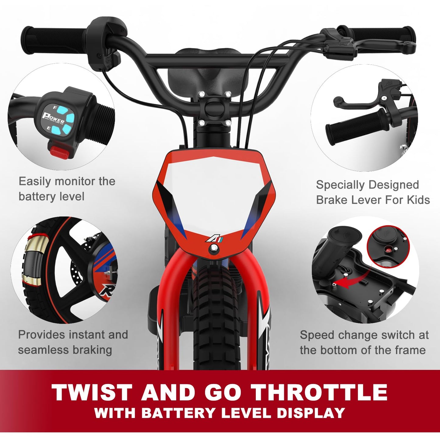 Lightweight Electric Dirt Bike for Kids, 170/340W Electric Motorcycle Up to 10/12MPH, 24V Detachable Battery, Hand-Operated Dual Brakes Electric Balance Bike for Ages 3-6/5-12