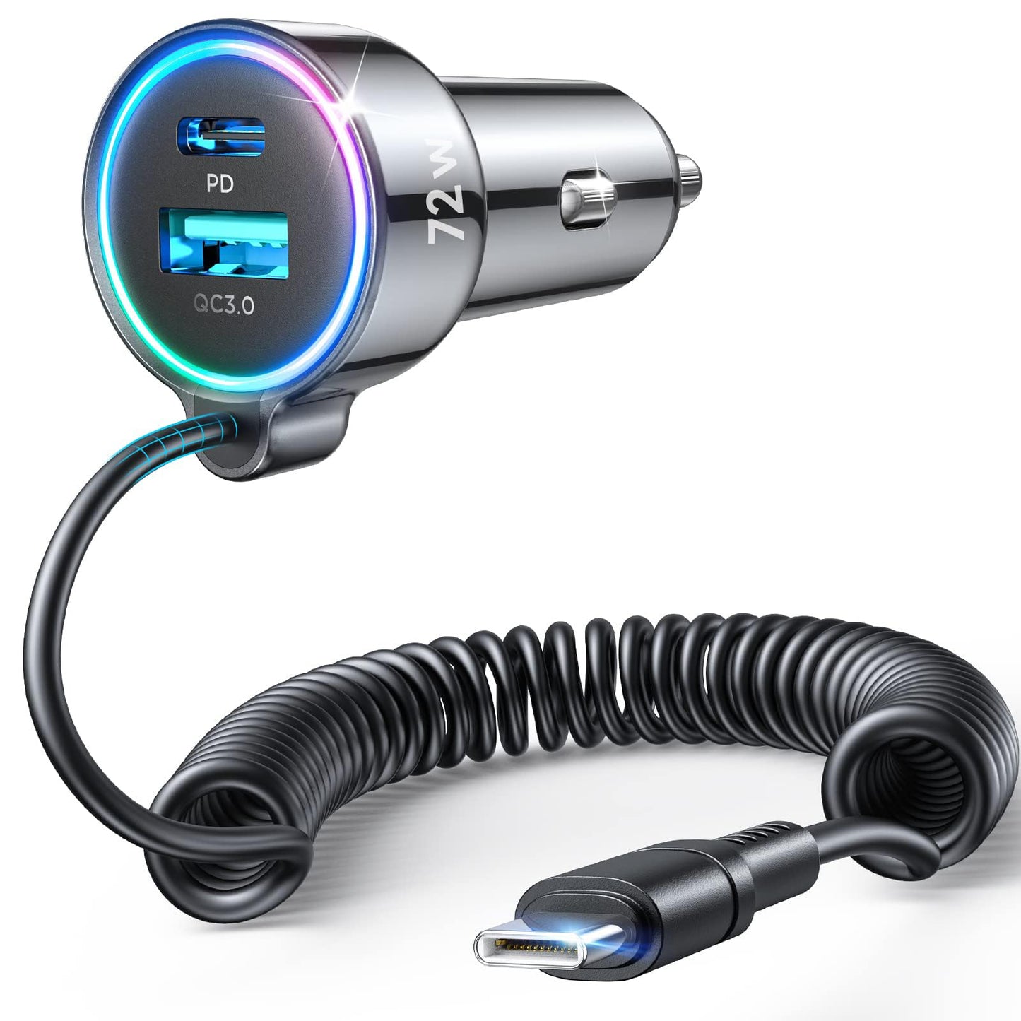 USB C 72W Car Charger for iPhone 16 Pro Max Plus, PD & QC3.0 w/5 ft 36W Type C Coiled Cable, Fast Car Phone Charger Adapter for iPhone 15 Pro, Samsung Galaxy S24/S23/S22, Pixel/Moto/LG/Android, iPad
