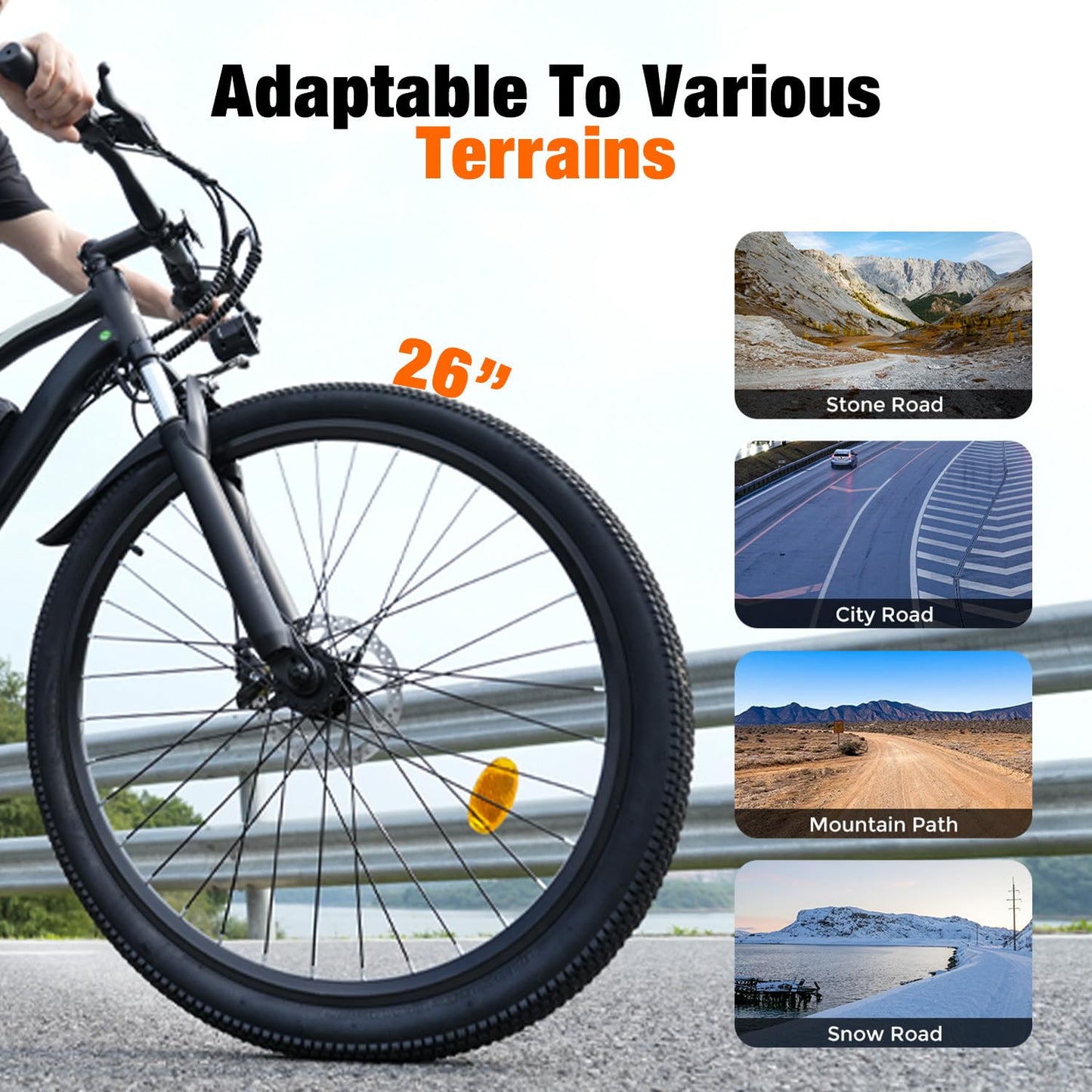 wawscote Electric Bike - 500W Peak Motor Ebike, 7-Speed, 20MPH Up to 55 Miles, Shock Absorber, 26” Tire Removable Battery Electric Commuter Bicycle for Adults (Silver 500W)