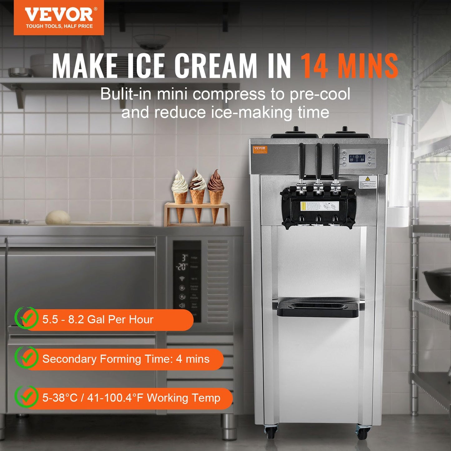 VEVOR 1850W Commercial Soft Ice Cream Machine 3 Flavors 5.5 to 8.2Gallon per Hour PreCooling at Night Auto Clean LCDPanel for Restaurants Snack Bar, Sliver