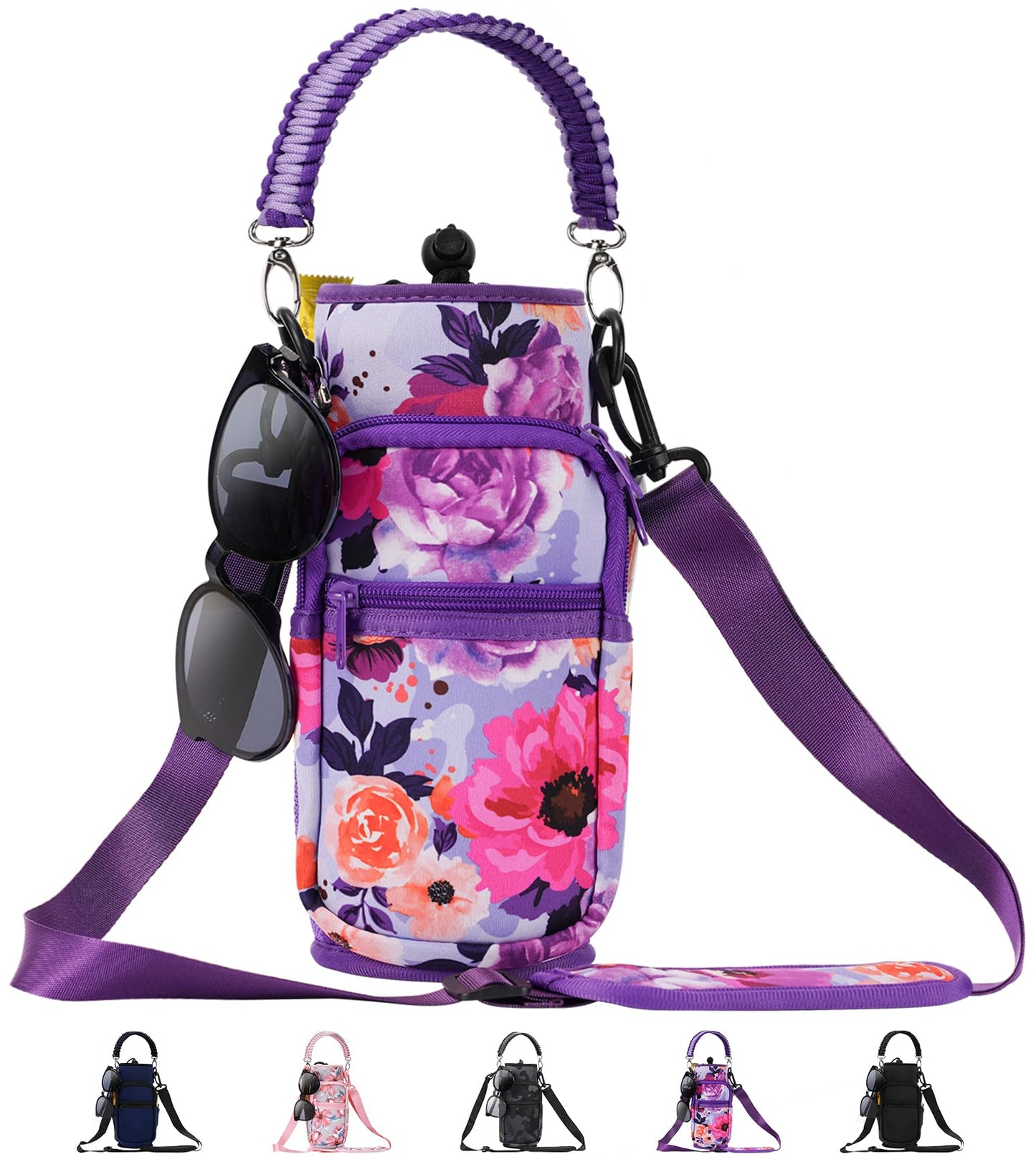 AceTreker 32 oz 40 oz Water Bottle Sleeve with 4 Pocket, Neoprene Water Bottle Carrier Bag with Strap & Paracord Handle, Metal Steel Water Flask Sling Pouch Holder for Walking Hiking-Purple Rose