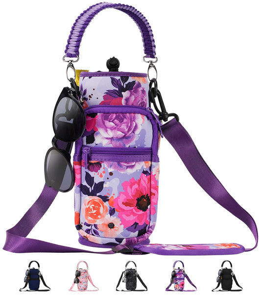 AceTreker 32 oz 40 oz Water Bottle Sleeve with 4 Pocket, Neoprene Water Bottle Carrier Bag with Strap & Paracord Handle, Metal Steel Water Flask Sling Pouch Holder for Walking Hiking-Purple Rose