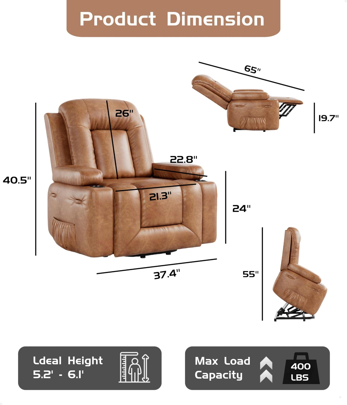 Power Lift Recliner Chair - Heat and Massage, Faux PU Electric Lift Recliner for Elderly & Mobility Impaired, Adjustable Back and Legs, Heavy Duty Lift Chair for Seniors