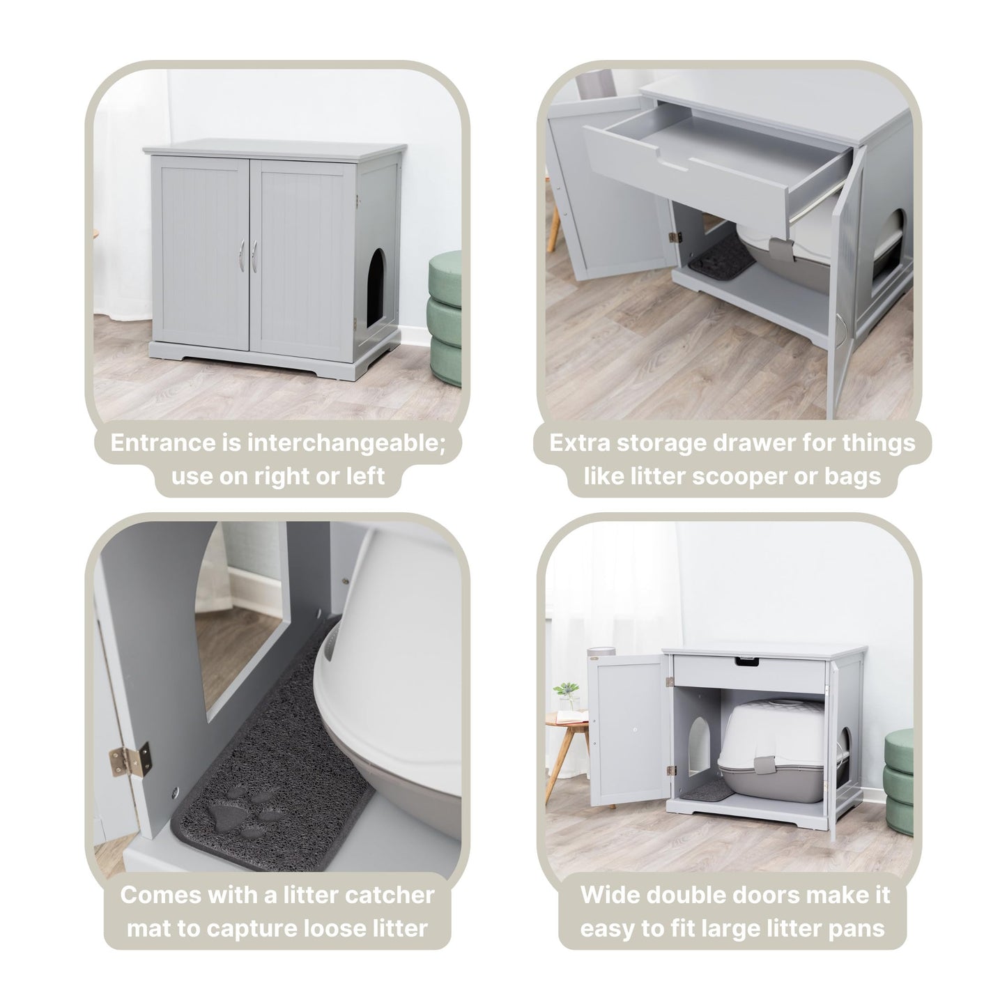 TRIXIE XL Wooden Litter Box Enclosure (Gray), Hidden Litter Box for Cats Furniture-Style, Openings on Either Ends & Large Ventilations Slots, Double Doors for Easy Cleaning, Built-in Drawer