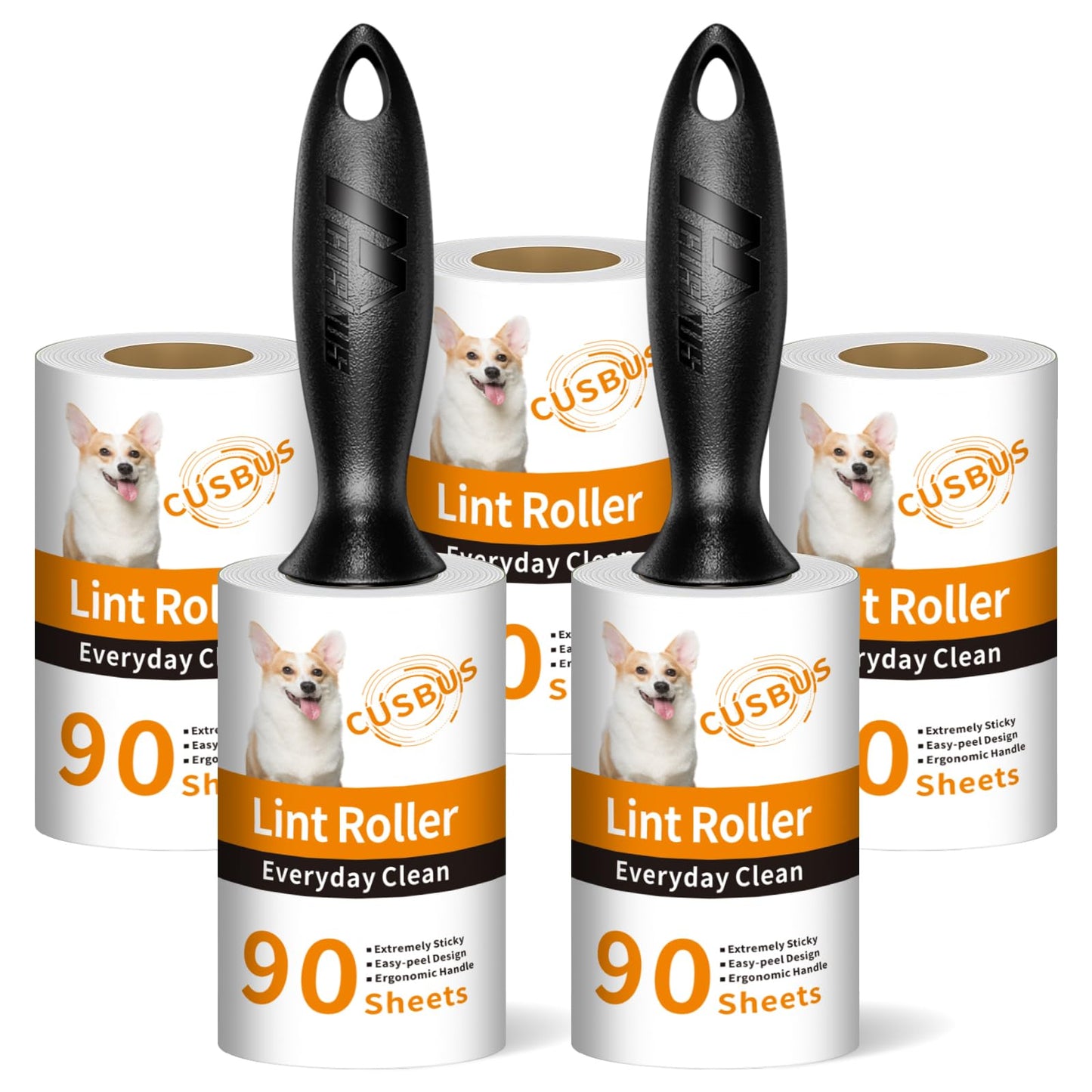 Cusbus Lint Rollers for Pet Hair - Extra Sticky, [450 Sheets/5 Refills] Lint Roller with 2 Upgraded Handles, Portable Lint Remover Brush for Dog & Cat Hair