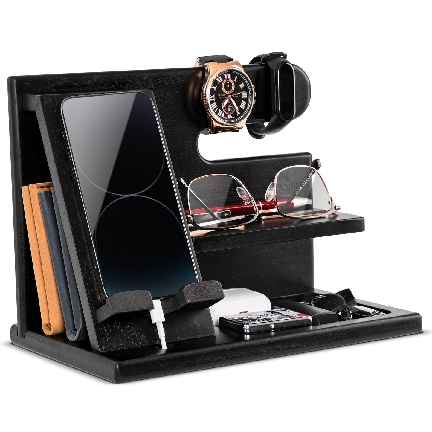 TESLYAR Wood Phone Docking Station for Men - Desktop or Nightstand Organizer - Birthday gifts for Men, Dad - Anniversary Idea from Wife - Key Holder, Stand Wallet, Watch & Essentials (Ebony)