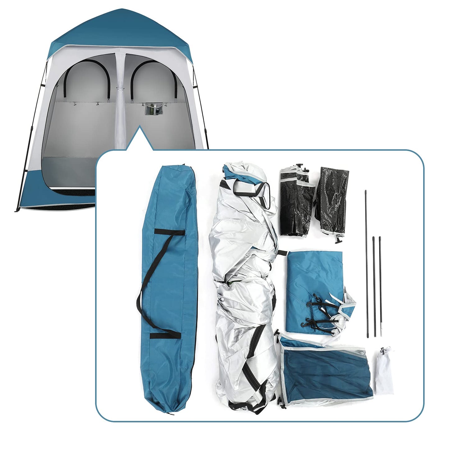 Shyneer Double Dressing Tent, 2 Room Shower Shelter, 7.5 FT Instant Pop Up With Carrying Bag, Privacy Changing Room for Portable Toilet, Easy Setup, Camping, Blue/White