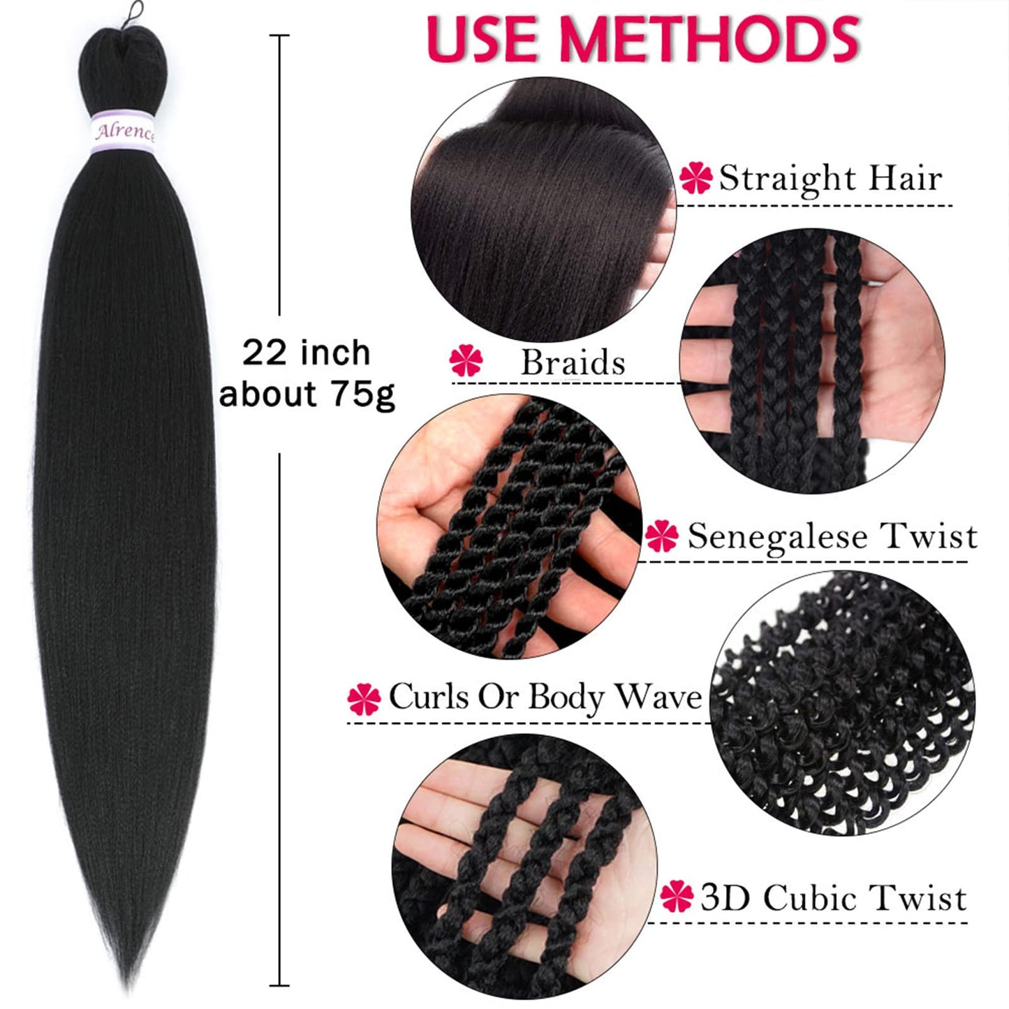 Alrence Pre Stretched Braiding Hair Long Braid 22 Inch 8 Packs Professional Braiding Hair Extensions Synthetic Crochet Twist Braids (22 Inch, 1B#)