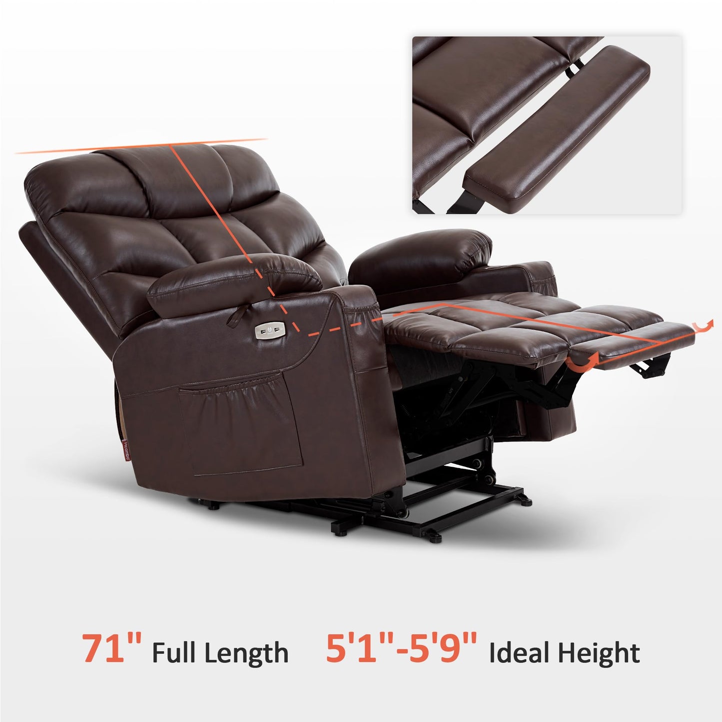 MCombo Oversized Power Lift Recliner Chair with Extended Footrest for Elderly People, Faux Leather R7289 (Dark Brown, Oversize)