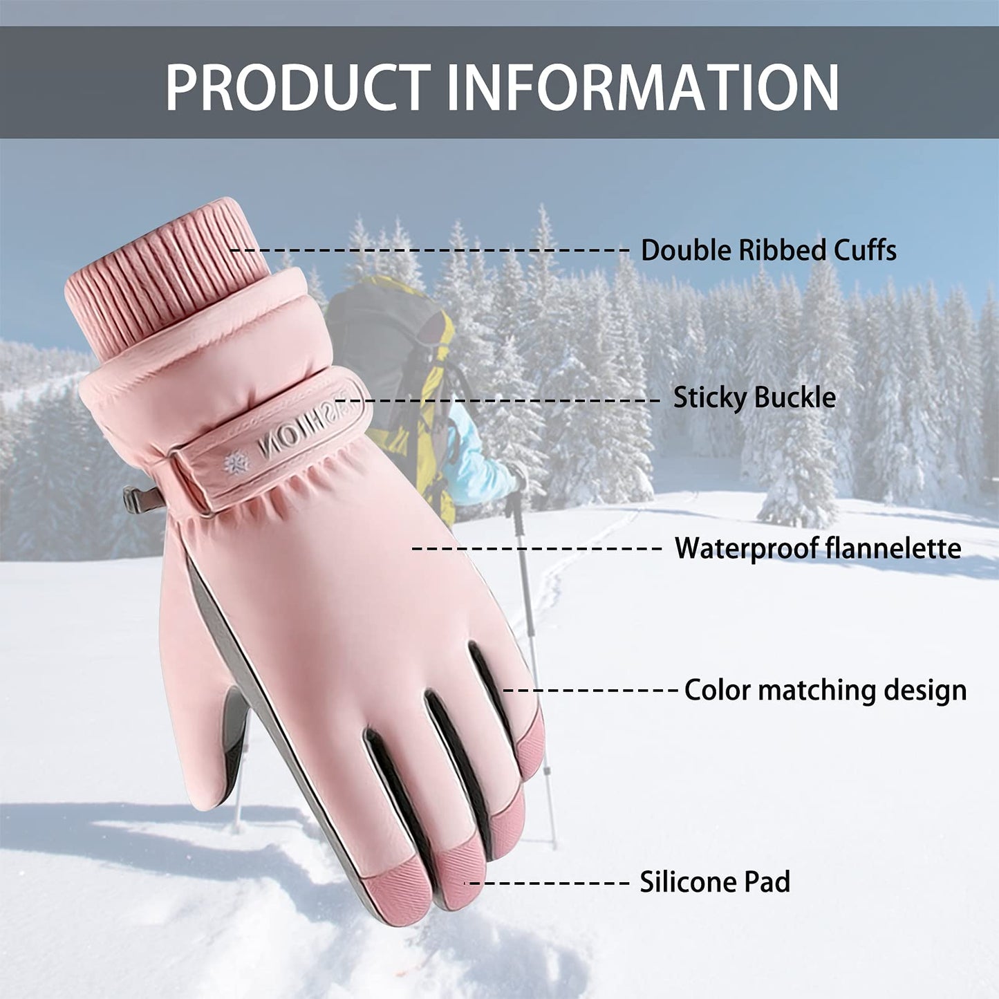 Andiker Women Winter Ski Gloves, Waterproof Touchscreen Snowboard Gloves, Windproof Warm Snow Gloves for Skiing Running and Cycling (Pink)