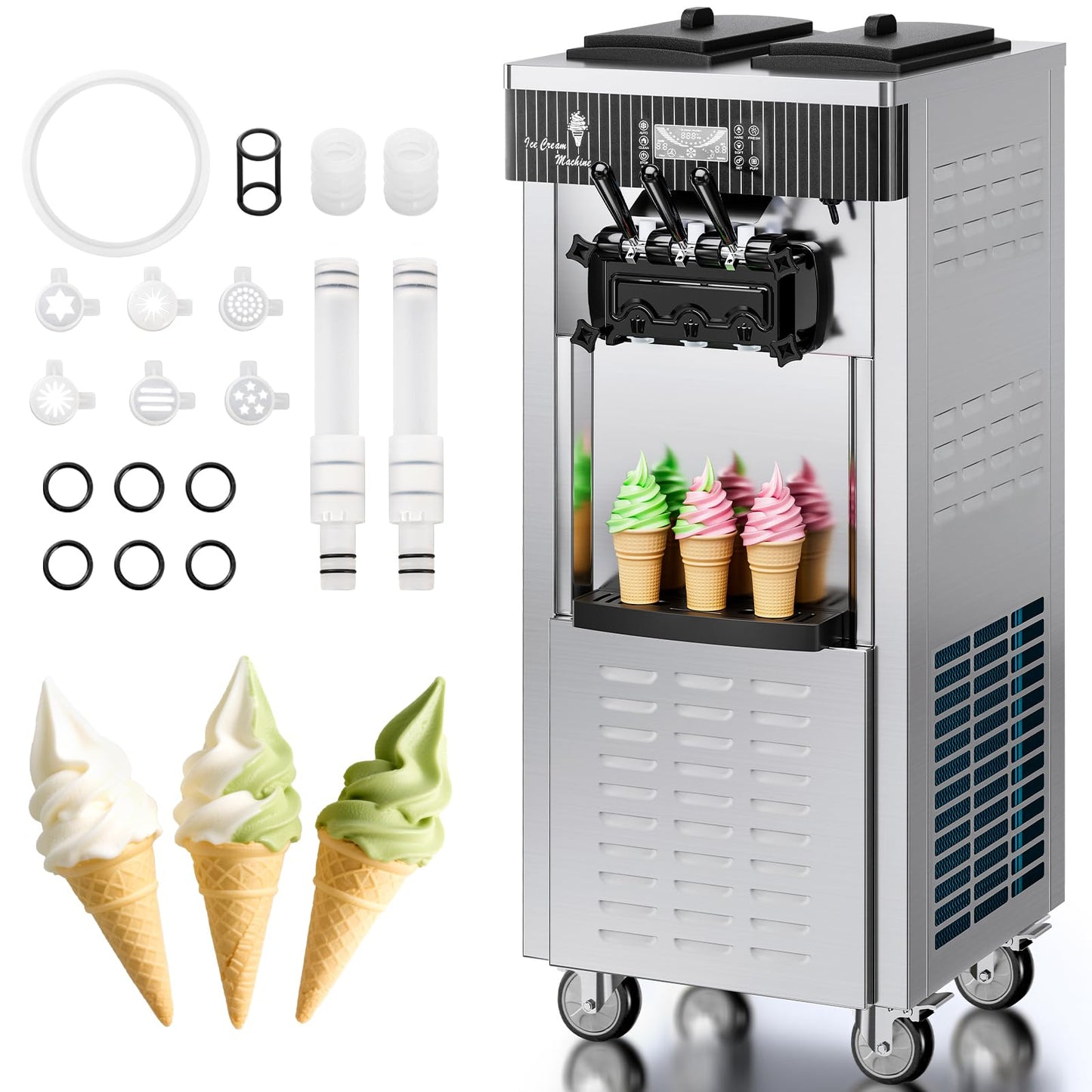 EKway Soft Serve Ice Cream Machine,28 QT/H Yield 2450W Vertical Commercial Ice Cream Machine With 2x6L Hopper 3 Dispensers,LCD Panel Auto Clean Pre-cooling,Frozen Yogurt Maker for Restaurant Snack Bar