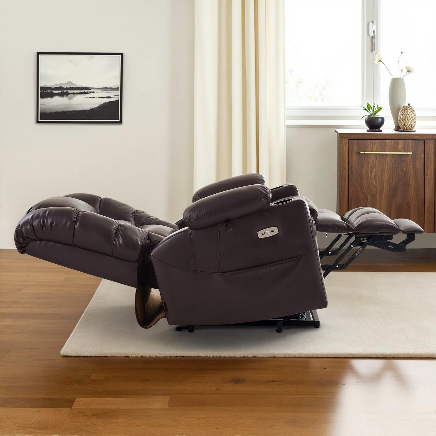 MCombo Large Triple Motor Power Lift Recliner Chair with Massage and Dual Heating, Adjustable Headrest for Tall Elderly People, Faux Leather 7634 (Dark Brown, Large)