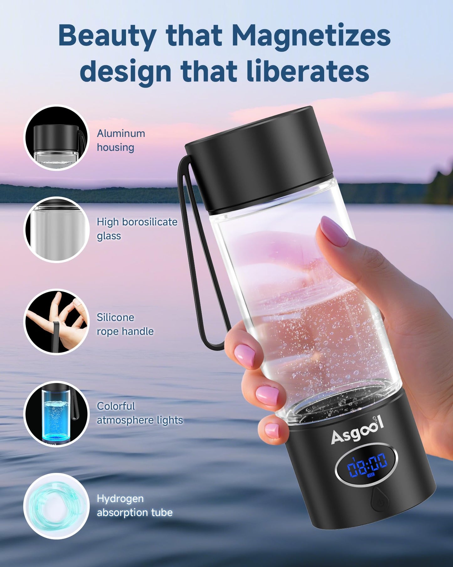 Hydrogen Water Bottle - 5000 ppb, Self Cleaning, Cyclic Mode for 8 Hours, FDA Certification, Portable, Rechargeable, LED Timer, Aluminum, Glass and Stainless Steel (Black, 360ml)