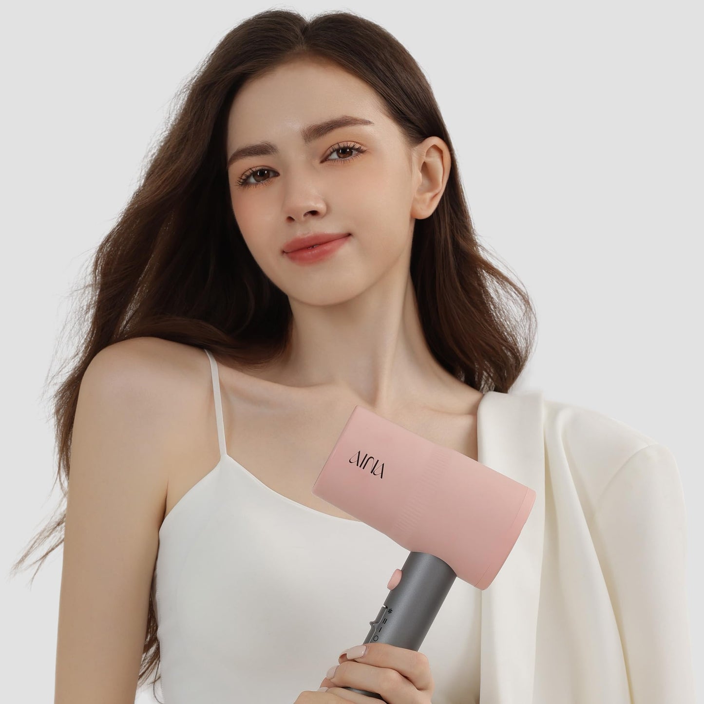 AINA Hair Dryer with Diffuser, Blow Dryer for Women | Advanced Ionic Technology, Ceramic Coating | Cold Shot Features Turbo Heat for Fast Drying and Shine(Misty Blush)