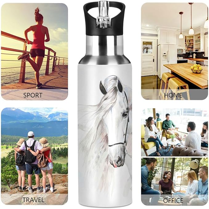senya 20 Oz Water Bottle with Straw White Horse Stainless Steel Water Bottle for Traveling Sports Leakproof Insulated Water Bottle