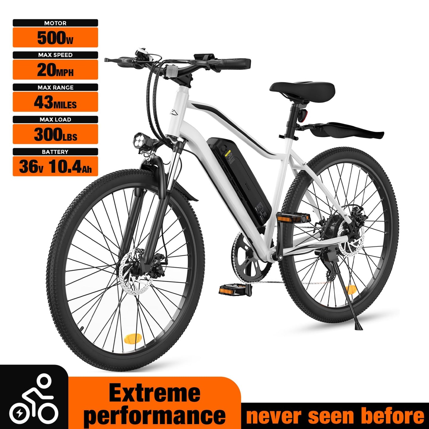 wawscote Electric Bike - 500W Peak Motor Ebike, 7-Speed, 20MPH Up to 55 Miles, Shock Absorber, 26” Tire Removable Battery Electric Commuter Bicycle for Adults (Silver 500W)