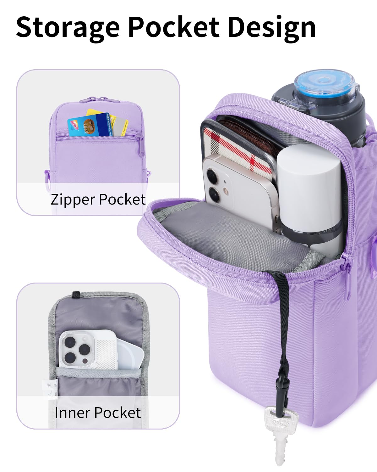 Wandering Nature Water Bottle Holder with Strap 32oz Insulated Water Bottle Carrier Sling Bag with Phone Pocket Water Bottle Pouch for Hiking Walking, Purple (Patent Pending)