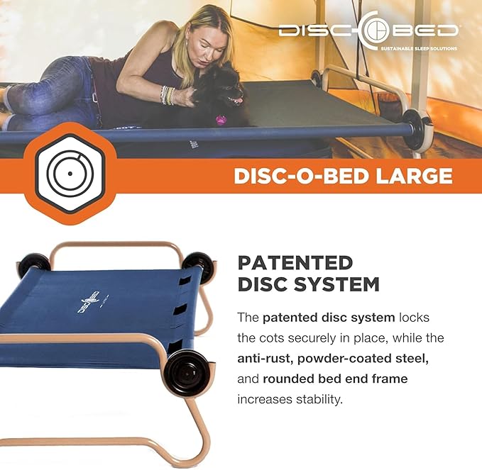 Disc-O-Bed Large Outdoor Convertible 2 Person Bench and Double Camping Cot Portable Bed Bunk System for Adults, Navy