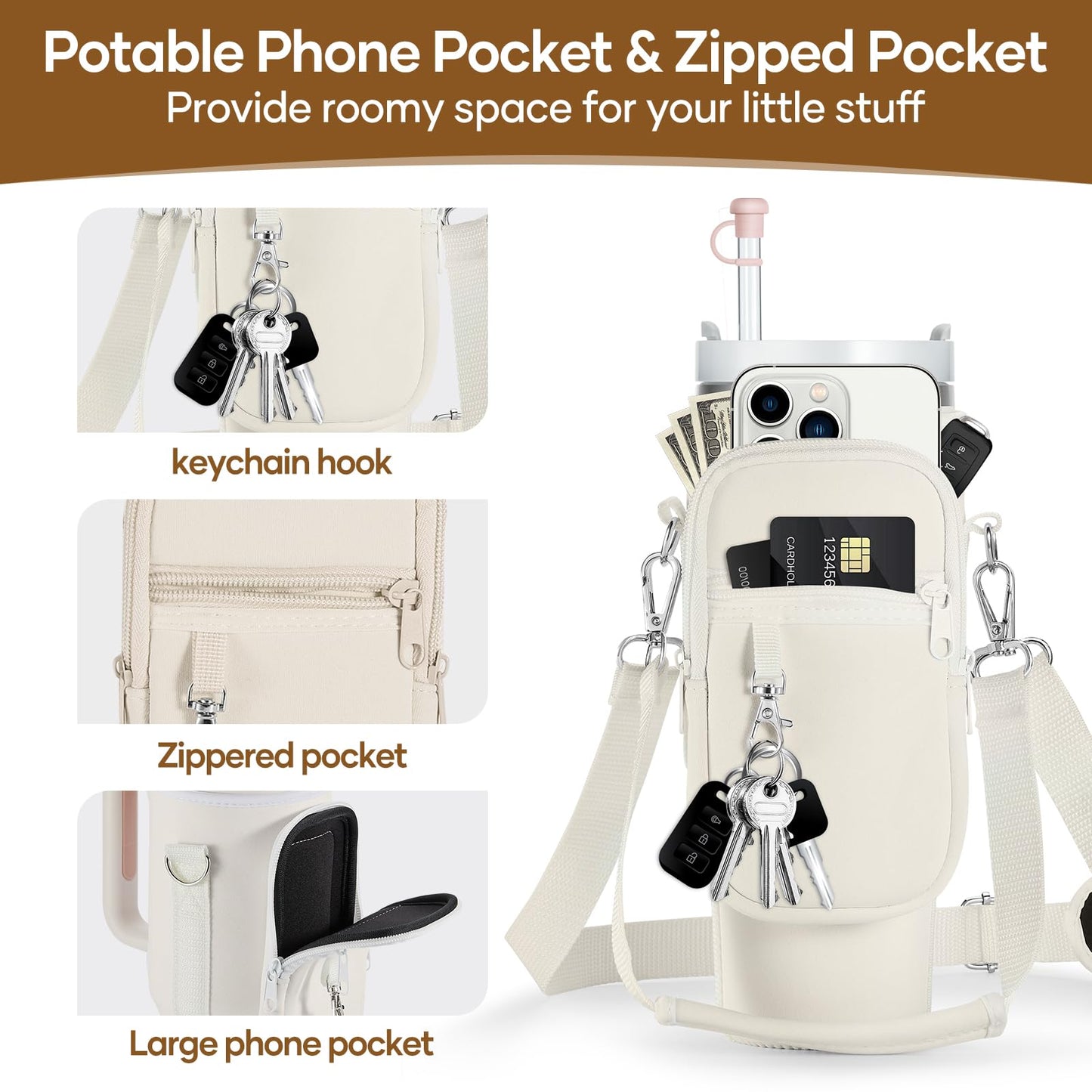 linmaya Water Bottle Carrier Bag with Phone Pocket for Stanley 40/30 oz Tumbler Neoprene Water Bottle Holder Pouch with 2 Adjustable Strap & 3 Leak Stoppers for Stanley Cup Accessories