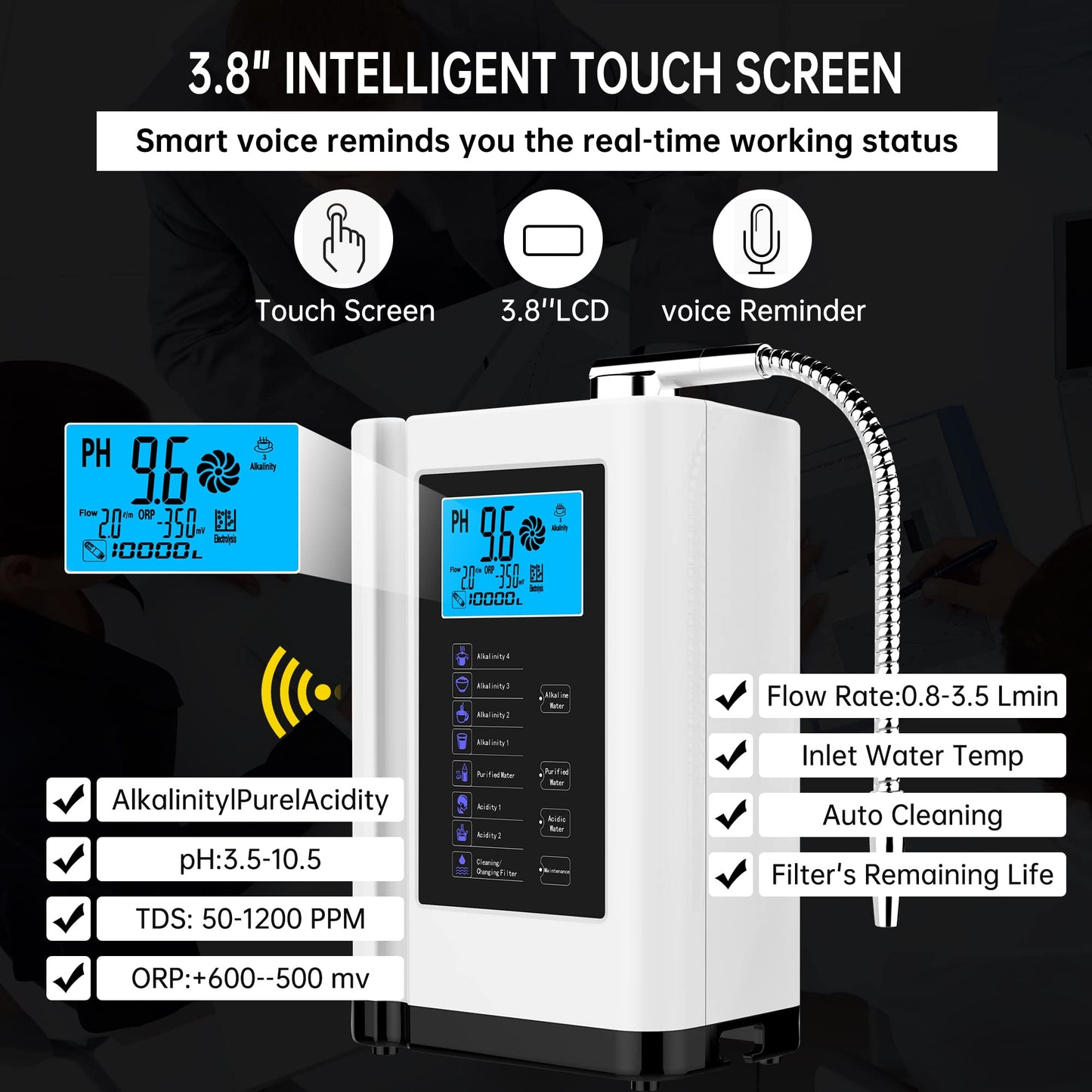 AlkaDrops Water Ionizer, Water Purifier Machine PH 3.5-10.5 Alkaline Acid Water Machine,Up to -500mV ORP, 8000 Liters Per Filter,7 Water Settings,Auto-Cleaning,Intelligent Voice