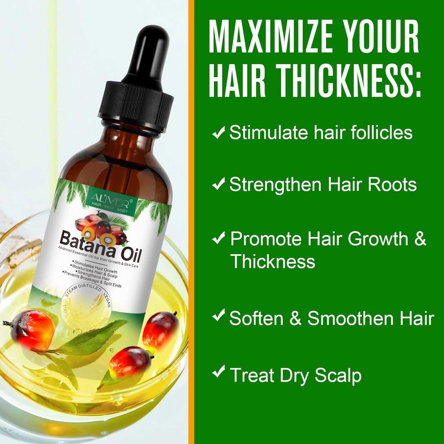 ALIVER Hair Growth Oil - 100% Natural Cold-Pressed Batana Oil, Enhances Radiance, Combats Hair Loss & Repairs Damage - 2.02 Fl Oz