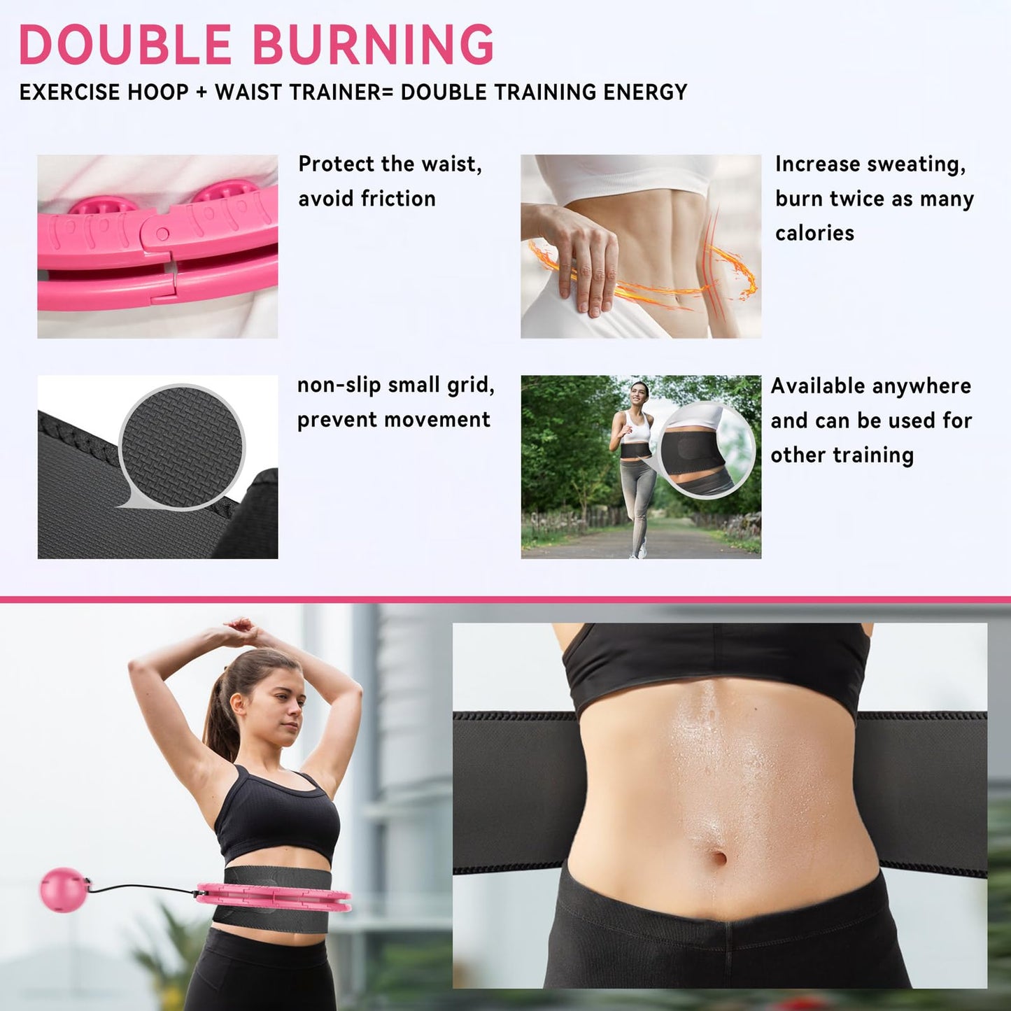 Weighted Hula Hoop for Adults Weight Loss,Infinity Weighted Hoop Plus Size with Sweat Belt,Waist Trainers for Women,Exercise Hula Hoop Womens Weight Loss at Home (Bright Pink)