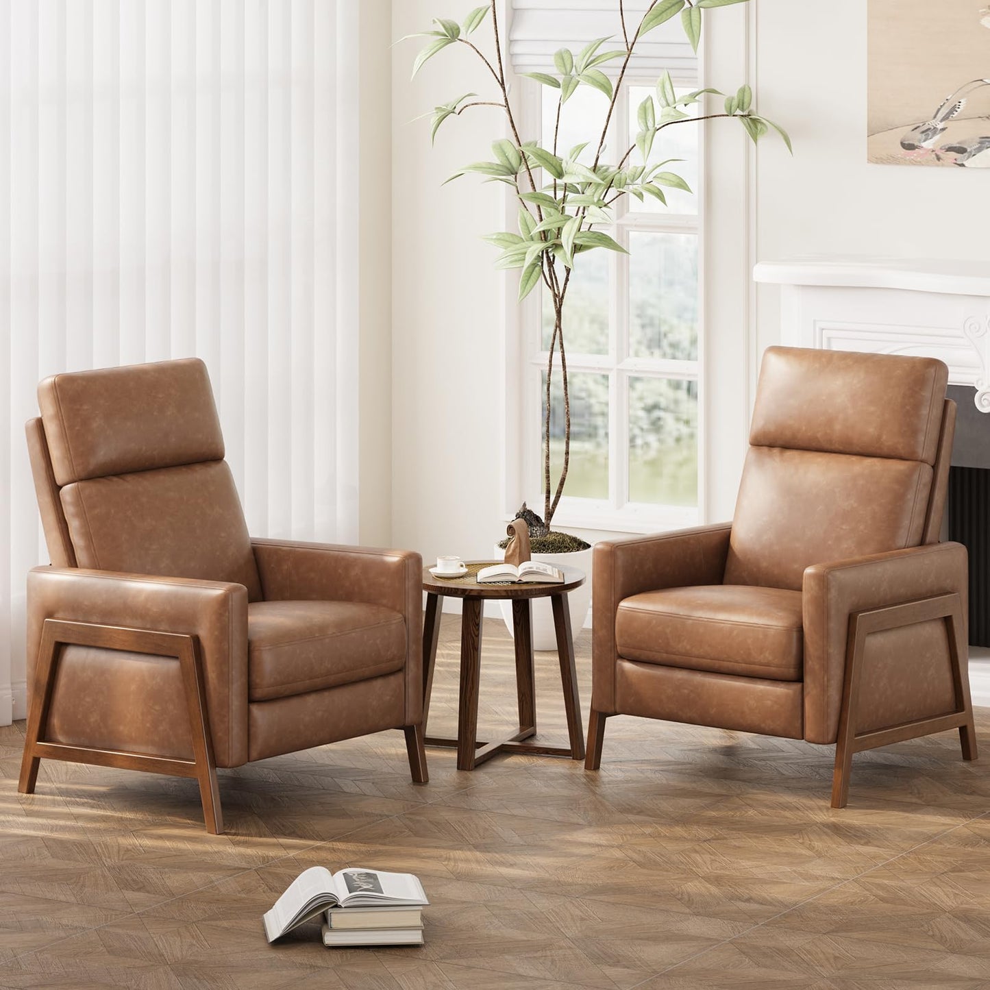 COLAMY Push Back Recliner Chair Set of 2, Upholstered Leather Recliner with Footrest 105-135 Degree Adjustable, Comfy Modern Wingback Recliner for Living Room, Bedroom,Small Spaces, Cocoa