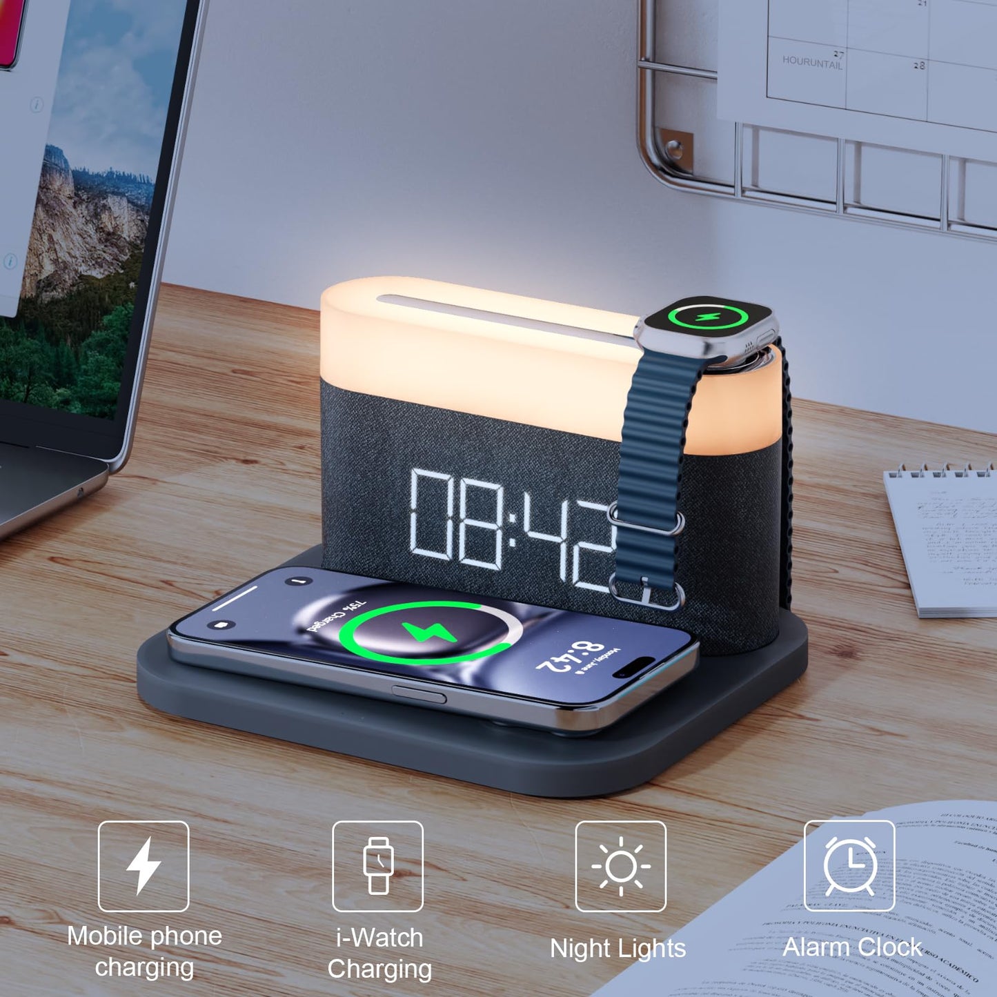 HOURUNTAIL Alarm Clock with Multi-Function Mobile Phone Watch Wireless Charging 15W Max Touch Bedside Lamp,3 Colors nightlight, Sleep Timer for Bedroom,Bedside,Desk