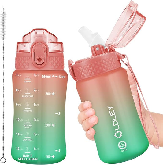 OLDLEY Kids Water Bottle for School, 12 oz, BPA-Free, Reusable, Leak-proof, Durable Tritan Plastic, One-handed Opening, Anti-dust Spout Cover, Sunflower