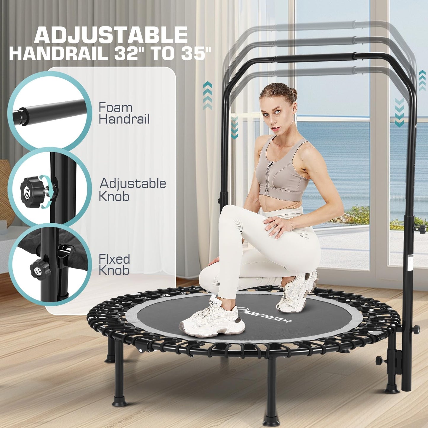 ANCHEER 40" Foldable Mini Trampoline - Max Load 350lbs - 450lbs Indoor Trampoline - with 4 Level Adjustable Foam Handle and Resistance Bands - Adult exercise trampoline for Home,Gym and Garden(Silver)