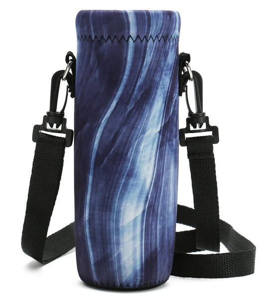 RICHEN Neoprene Water Bottle Carrier Bag with Adjustable Shoulder Strap,Insulated Water Bottle Cover for 500ml/16oz Stainless Steel/Glass/Plastic Bottles (Blue Marble,500ML)