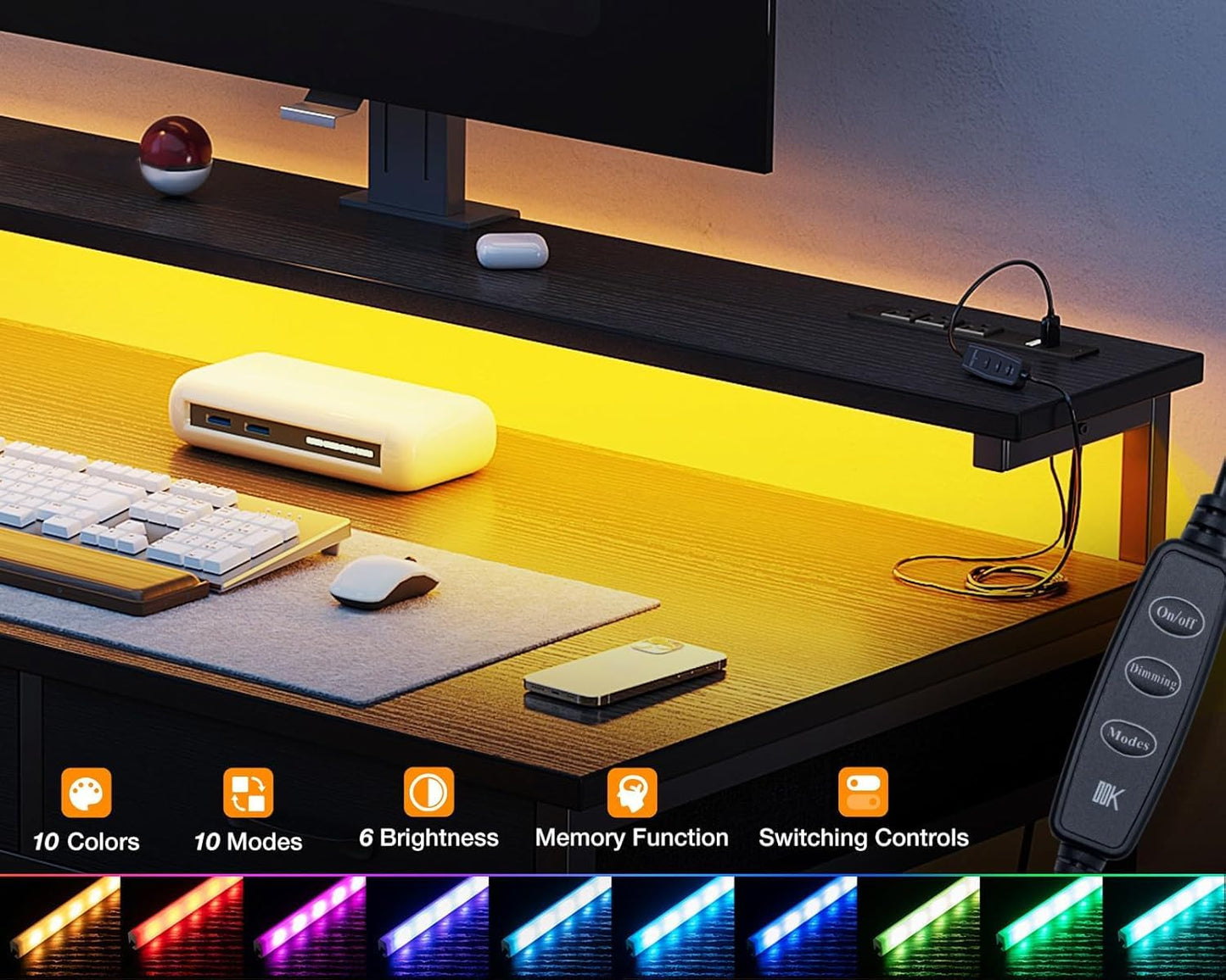 ODK 48 Inch Computer Desk with 3 Drawers and USB Power Outlets, Home Office Desks with LED Lights and Adjustable Monitor Stand, Work from Home, Modern Work/Writing/Study Table for Bedroom, Black