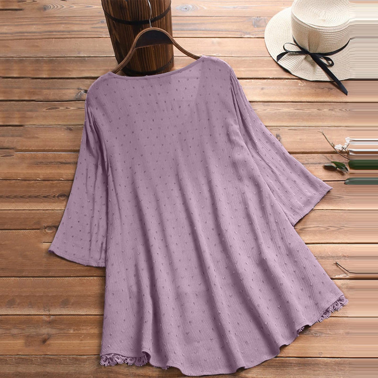 Aniywn Women Round Neck Lace Up Lace Patchwork Flare Pullover Top Casual Plus Size 3/4 Sleeve Floral Printed T-Shirt