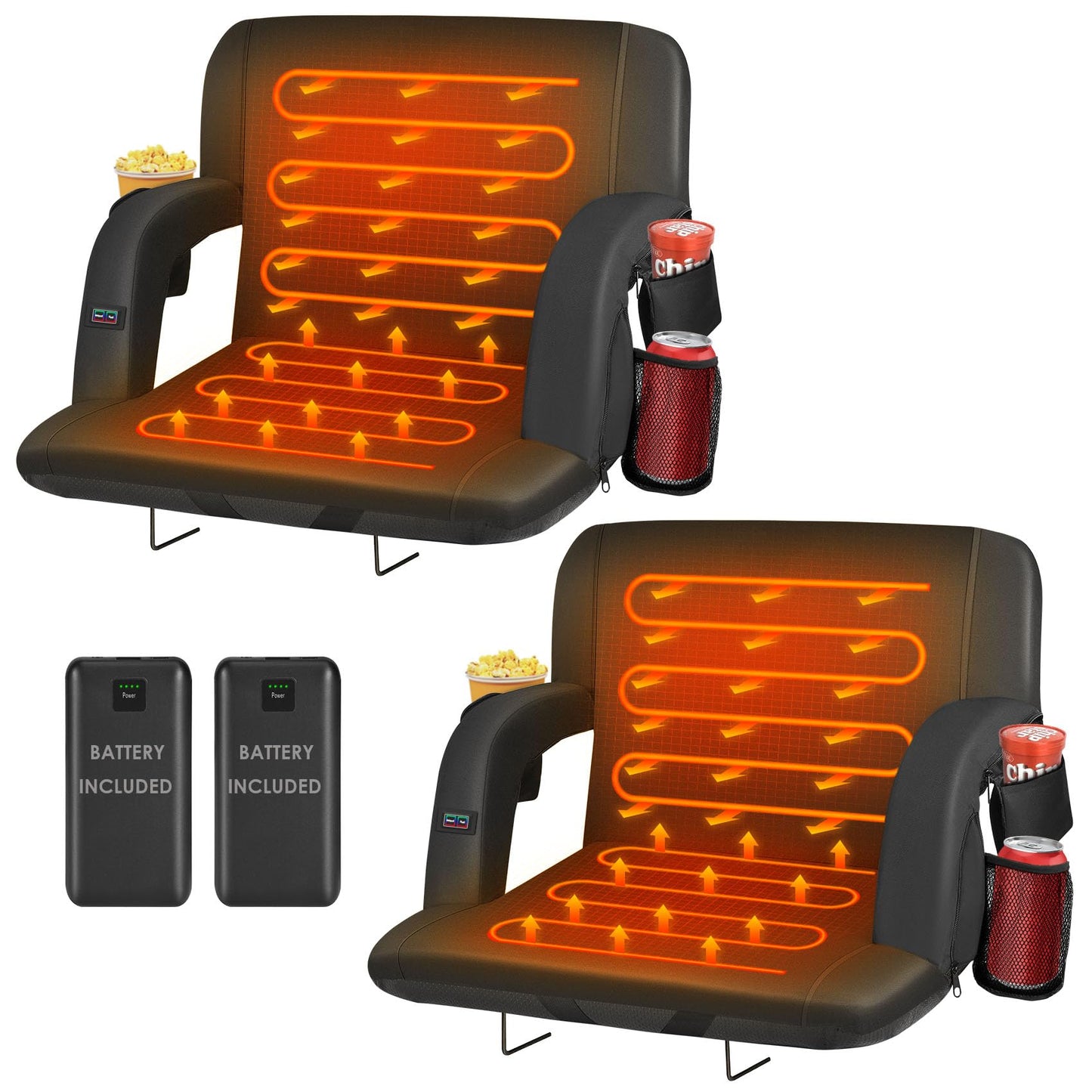 HOPERAN 21" 2pcs Dual-Sided Heated Stadium Seats for Bleachers with Back Support, 20000mAh Power Bank Included Stadium Chair, 3 Levels Heating Stadium Seating for Bleachers Seat with Backrest