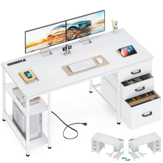 AODK 51 Inch Computer Desk with File Drawers - Reversible Home Office Desk with Storage Shelves, Work from Home, Modern Work/Writing/Study Table for Bedroom, White