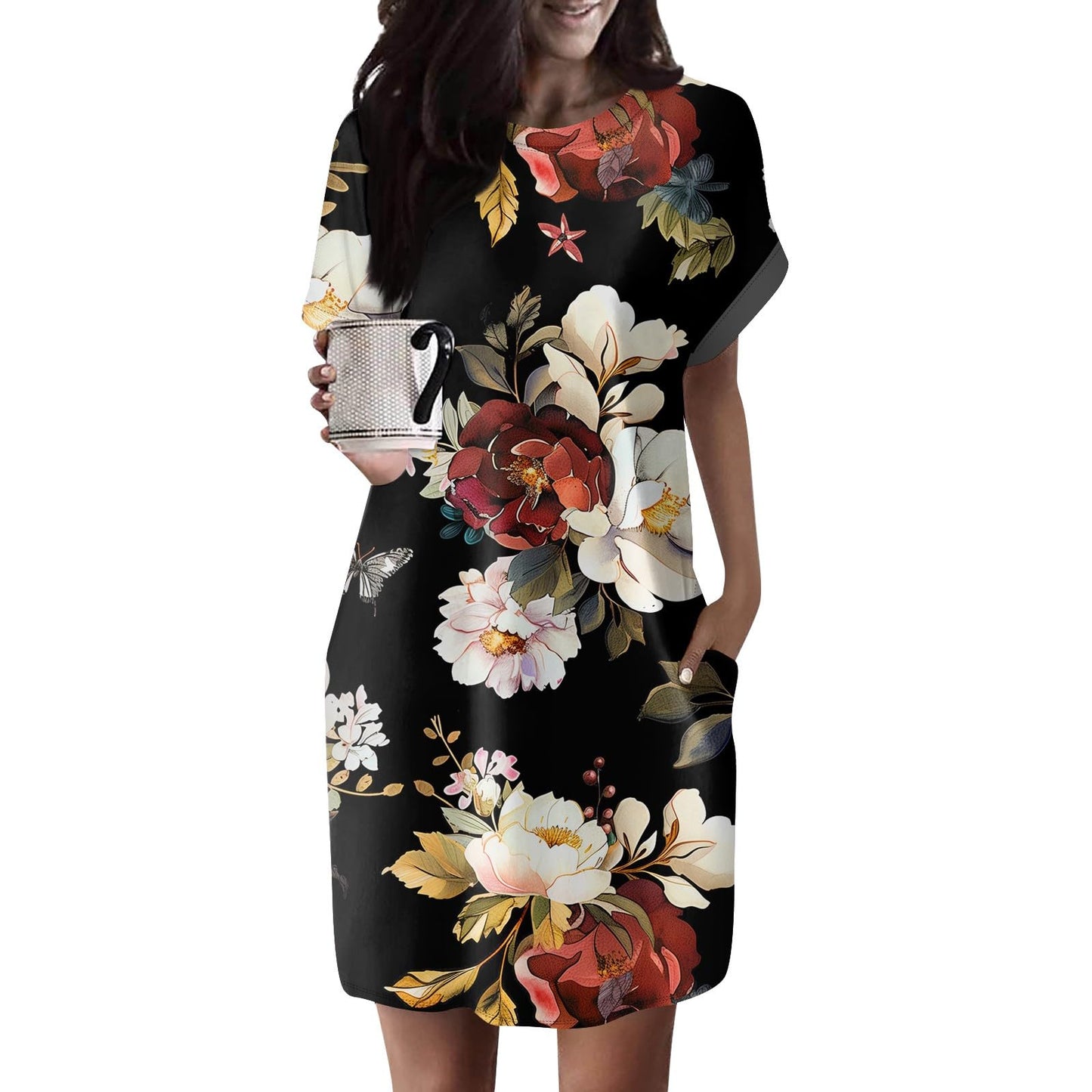 DPKLAD Comfy Dress Fashion Biker Wide Sleeve Dresses Women Spring Cropped Print Loose Fit Crewneck Ruched Cotton Stretch Tunic Dress Woman Deep Red