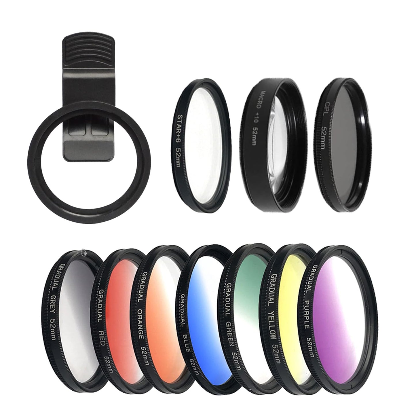 10 in 1 Cell Phone Camera Lens Kit, 52MM Clip-On CPL Phone Camera Lens Filter Kit Including 10x Macro, CPL Polarizer, 7 Colour Filters Compatible with iPhone and Other Phones