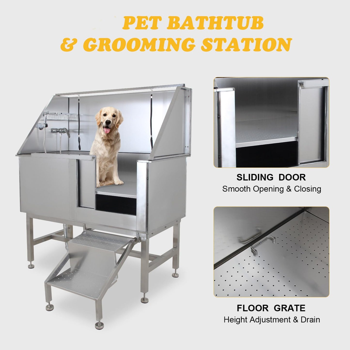 GarveeLife 50'' Dog Grooming Tub, Professional Bathtub with Retractable Stairs, Stainless Steel Pet Grooming Tub for Small & Large Dog, Right Door