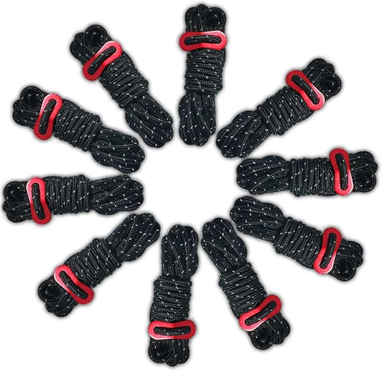 10 Pack 4mm Outdoor Guy Lines Tent Cords Reflective Canopy Wind Rope Lightweight Camping Rope with Aluminum Guylines Adjuster for Tent Tarp, Canopy Shelter, Camping, Hiking, Backpacking Black