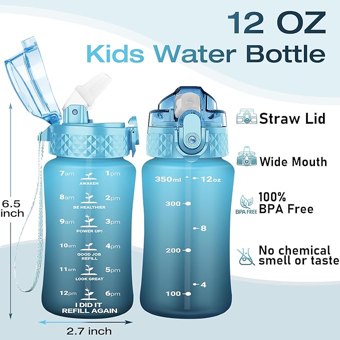OLDLEY Kids Water Bottle for School, 12 oz (Straw Lid) BPA-Free Reusable Leak-proof Durable Tritan Plastic Water Bottles with One-handed Opening Straw Lids, Anti-dust Spout Cover (Bluenavy)